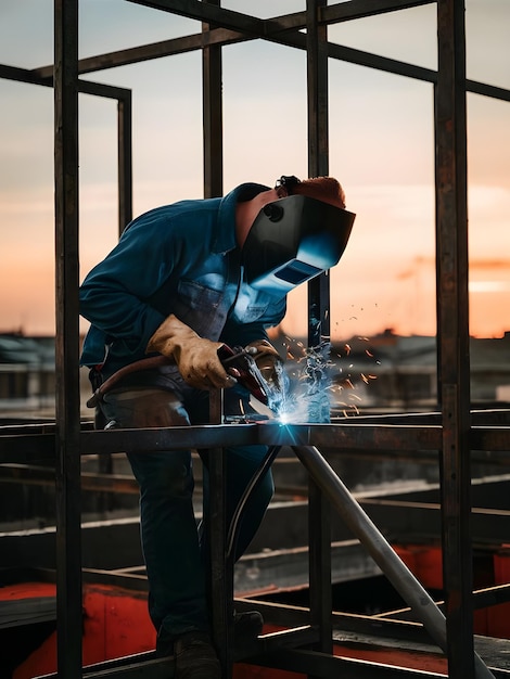 a man is working on a metal piece with a blue shirt that says quot the word quot on it