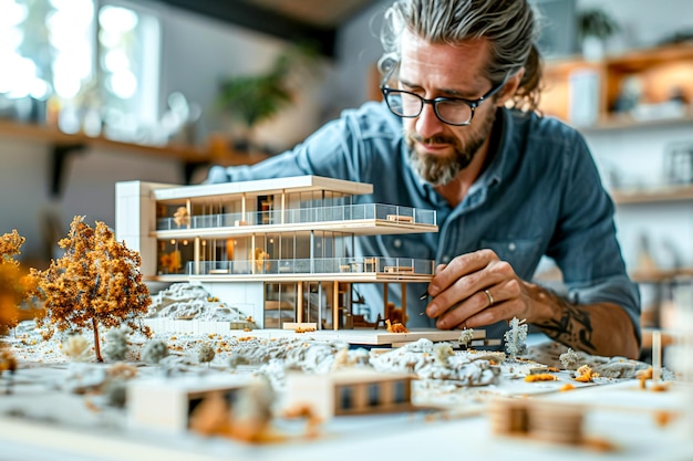 Photo a man is working on a model house with a glass block on the top