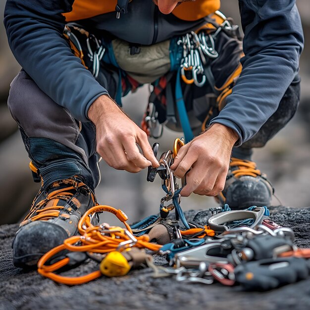 Photo a man is working on a pair of skis and a pair of orange and black shoes