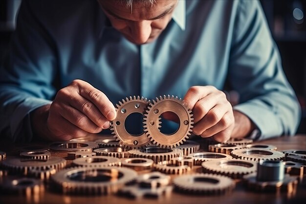 Photo a man is working on a piece of metal with the hands on the gears