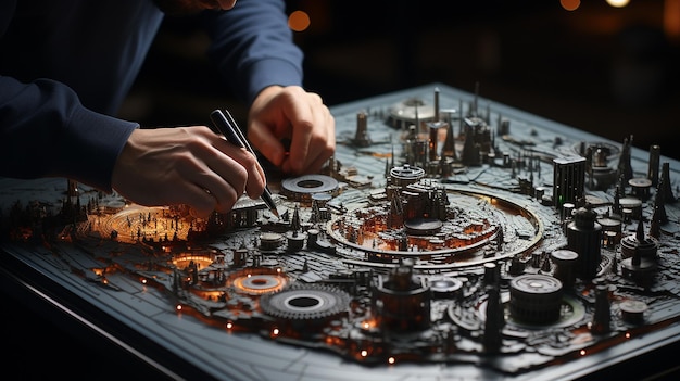 a man is working on a piece of metal with a mechanical device in front of him