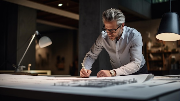 Photo a man is working on a piece of paper with a ruler in the background