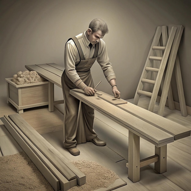 a man is working on a piece of wood with a ladder behind him