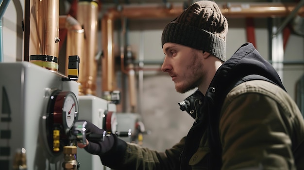 a man is working on a pipe with a man holding a machine gun