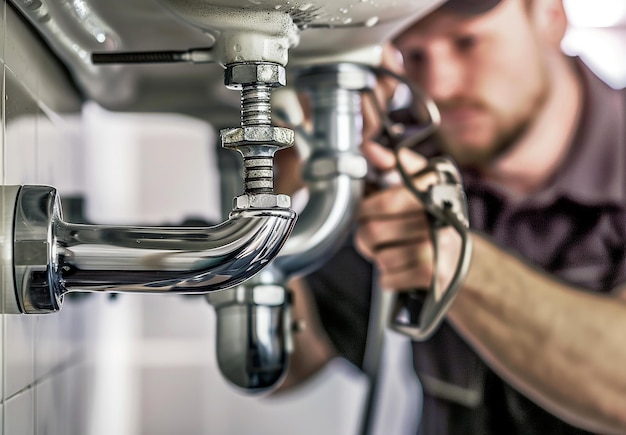 a man is working on a pipe with a man working on it