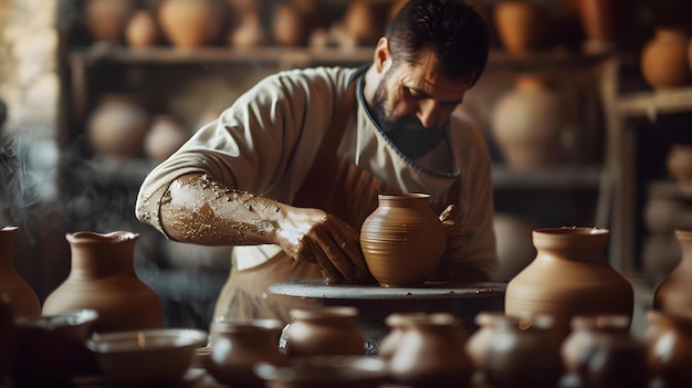 a man is working on a pottery wheel with a beard