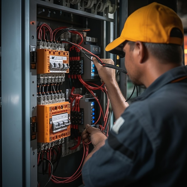 Photo a man is working on a power panel with the word quot on it