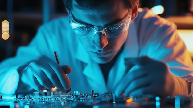 Photo a man is working on a projector with a pen and a keyboard