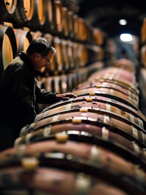 Photo a man is working in a room full of barrels