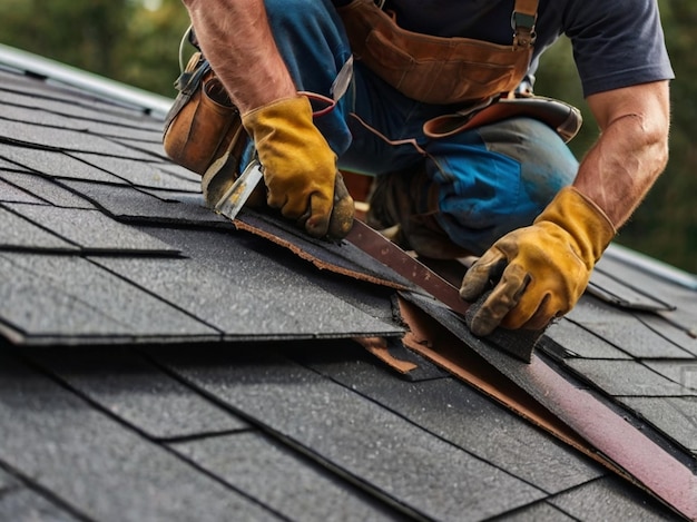 Photo a man is working on a shingle roof with a shingle roof