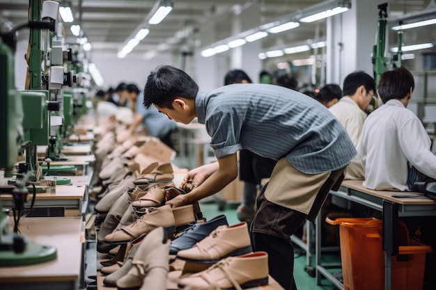 a man is working on a shoe store with other men.