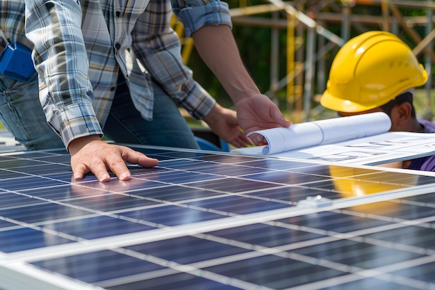 a man is working on a solar panel with a hard hat on it