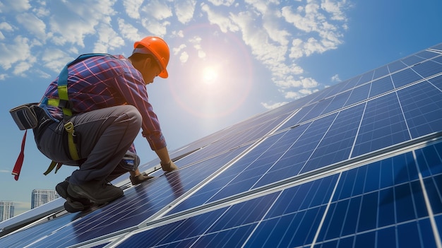 a man is working on a solar panel