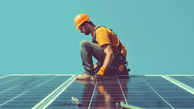 Photo a man is working on a solar panel