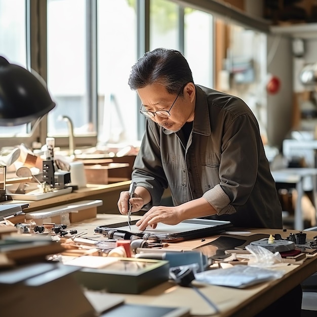 Photo a man is working at a table with a lamp and a lamp