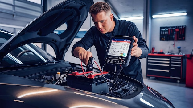 a man is working on a tablet that says  at the bottom of the screen