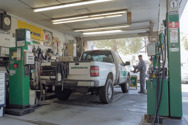 Photo a man is working on a truck in a garage with a green sign that says quot1quot