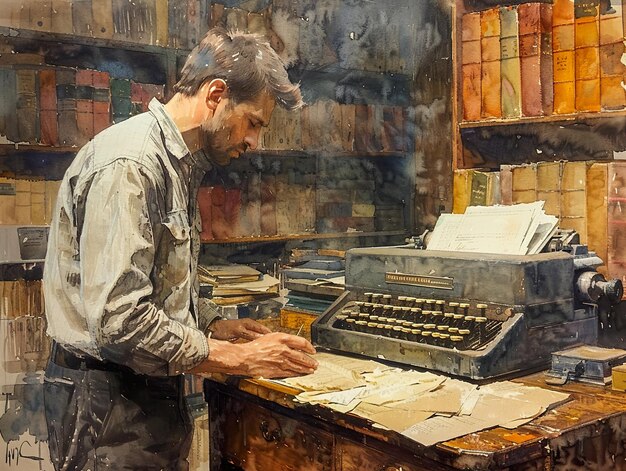 a man is working at a typewriter with a book in the background