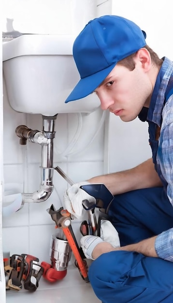 a man is working with tools and a sink