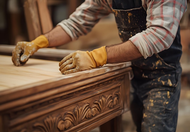 Photo a man is working on a wooden furniture with a yellow glove