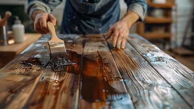 a man is working on a wooden table with a wooden spoon