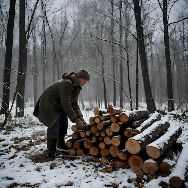 Photo a man is working in the woods with logs