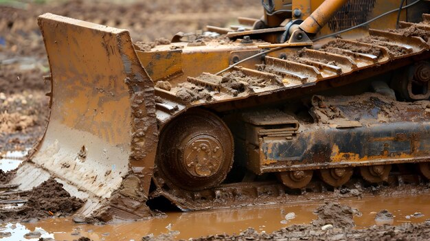 a man is working on a yellow bulldozer that is dirty and has a stick in it