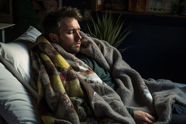 a man is wrapped in a blanket on a bed