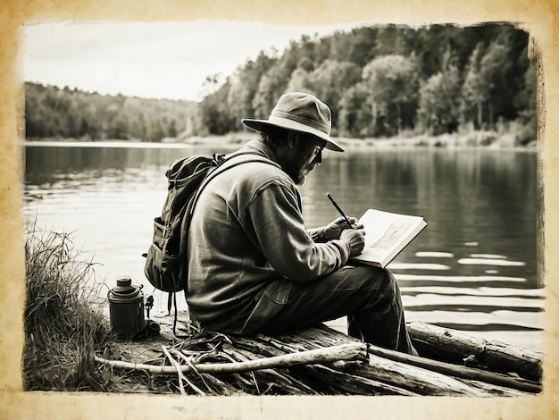 Photo a man is writing in a book by a lake