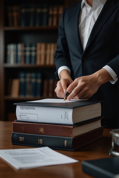 Photo a man is writing on a book with a pen in his hand