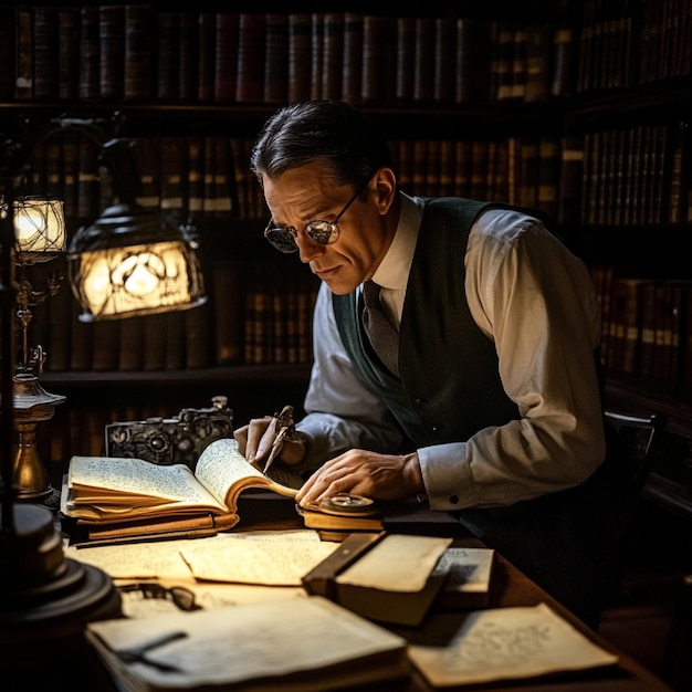 a man is writing in a book with a pen on it