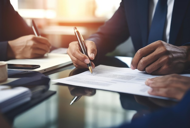 a man is writing in a business suit and is sitting at a desk with a pen and paper