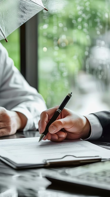 Photo a man is writing in a business suit and is writing in a notebook