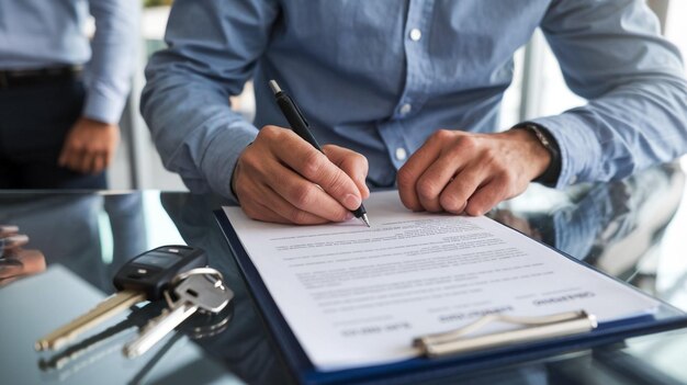 a man is writing in a contract with a pen in his hand