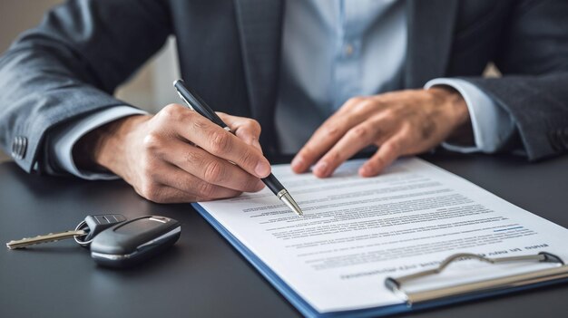 a man is writing in a document with a pen in his hand