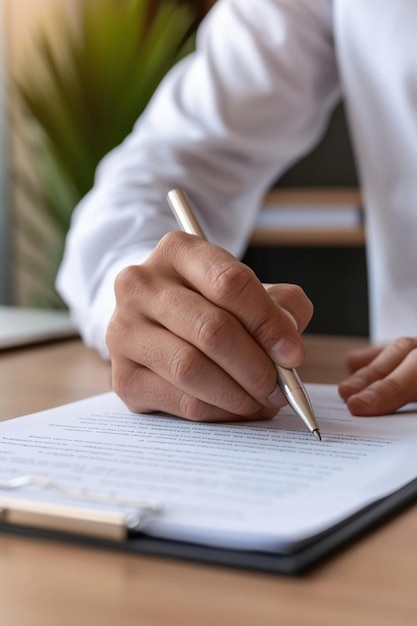 Photo a man is writing in a document with a pen in his hand