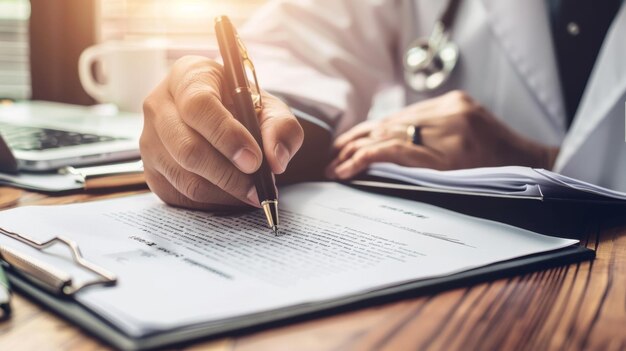 Photo a man is writing in a document with the word  on it