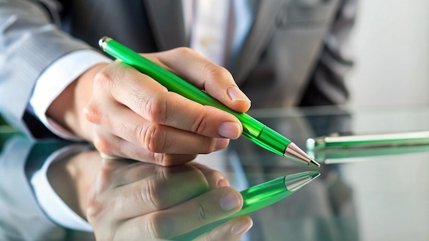 Photo a man is writing on a green pen that is on a glass table