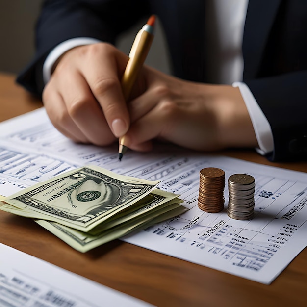 a man is writing in a pen on a paper with money and coins