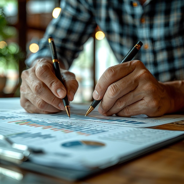 a man is writing on a piece of paper with a pen in it