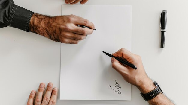 Photo a man is writing on a piece of paper with a pen