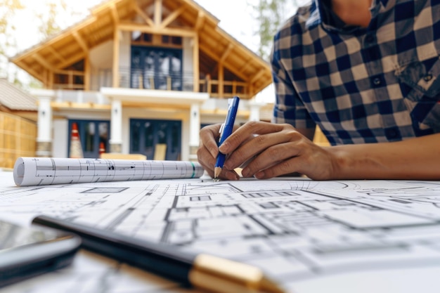 a man is writing on a piece of paper with the word  on it