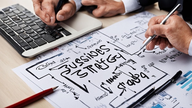 Photo a man is writing on a piece of paper with the words business