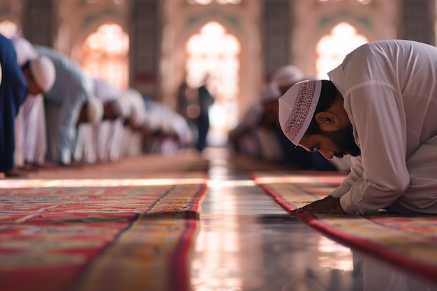 Photo a man is writing on a rug in a mosque