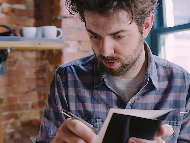 Photo a man is writing something with a pen in his hand