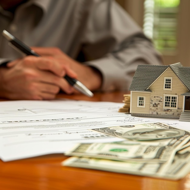 a man is writing on a stack of money and a house on the table