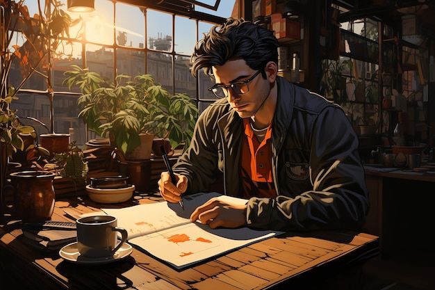 a man is writing on the table on the table there is a cup of coffee book