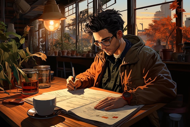 a man is writing on the table on the table there is a cup of coffee book