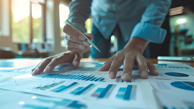 a man is writing on a table with a blue and white graph