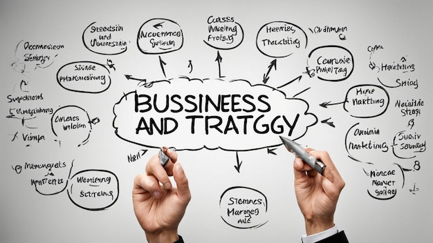 a man is writing on a white board with a diagram that says business and the word  business and the word